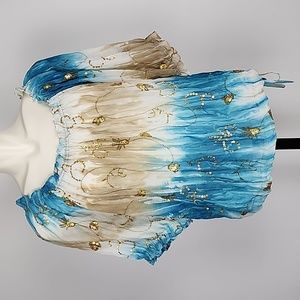 Nygard Blouse Off Shoulder Blue Tan White Gold Sequins Off Shoulder Peasant Sz L